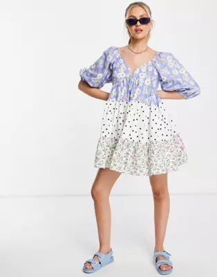 ASOS DESIGN mixed print tiered babydoll mini dress | ASOS (Global)