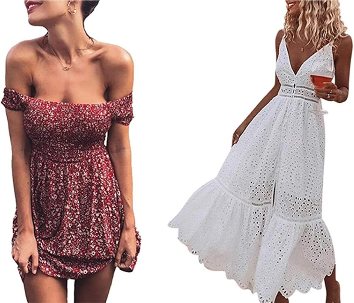 BerryGo Women's Sundress Bundle | Embroidery Pearl Button Down Dress & Vintage Off Shoulder Beach... | Amazon (US)