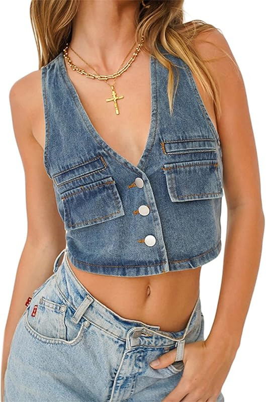 Miqil Women Sexy Denim Camisole Corset Bustier Zip Up Sleeveless Crop Tank Top Summer Tie Up Spag... | Amazon (US)