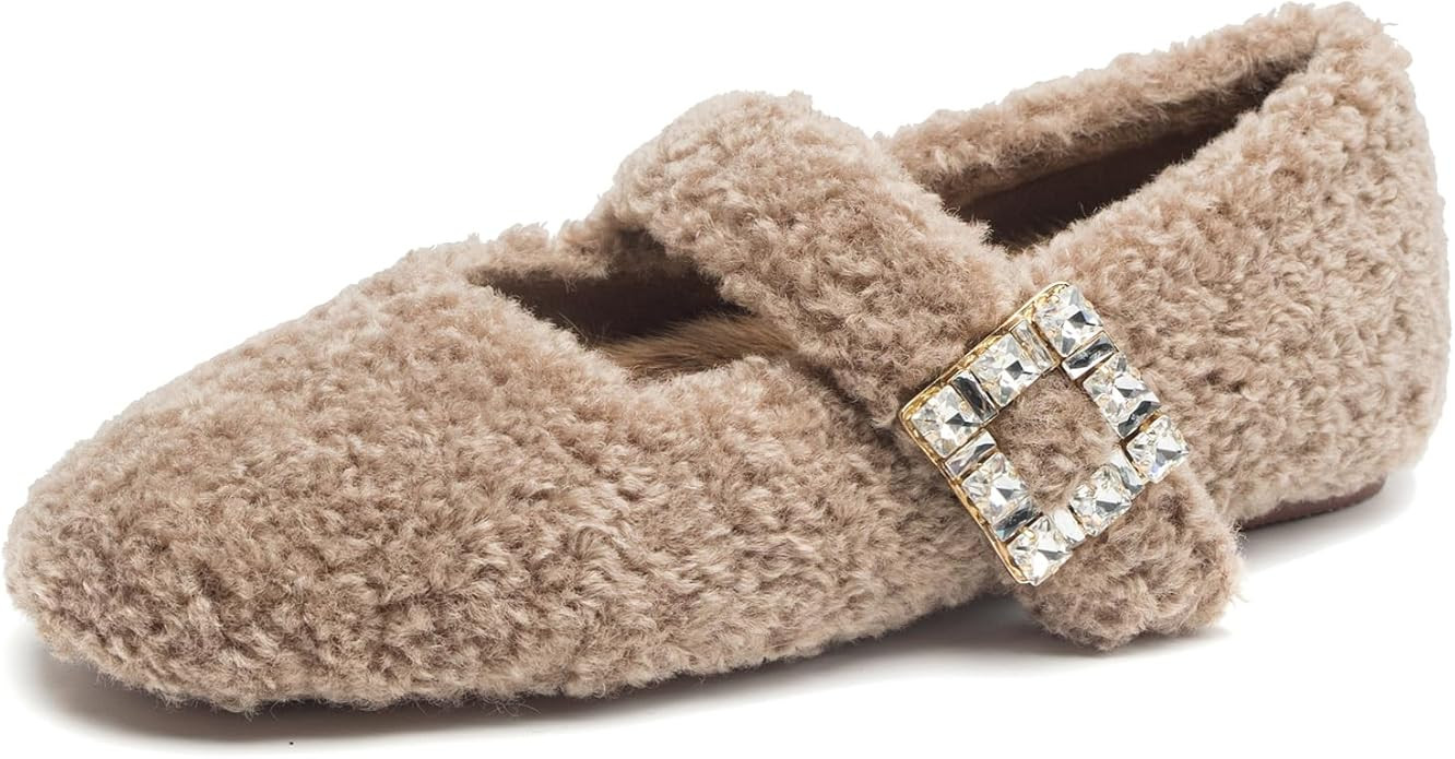 Kluolandi Women's Shearling Ballet Flats with Strap Warm Rabbit Fur Lined Crystal Buckle Mary Jan... | Amazon (US)