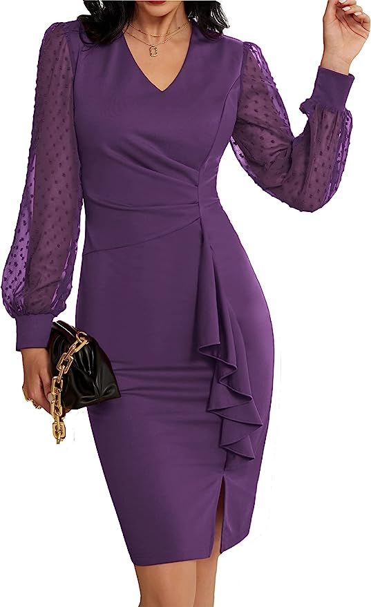 CURLBIUTY Women Cocktail Dresses Elegant V Neck Long Sleeve Peplum Evening Dress | Amazon (US)