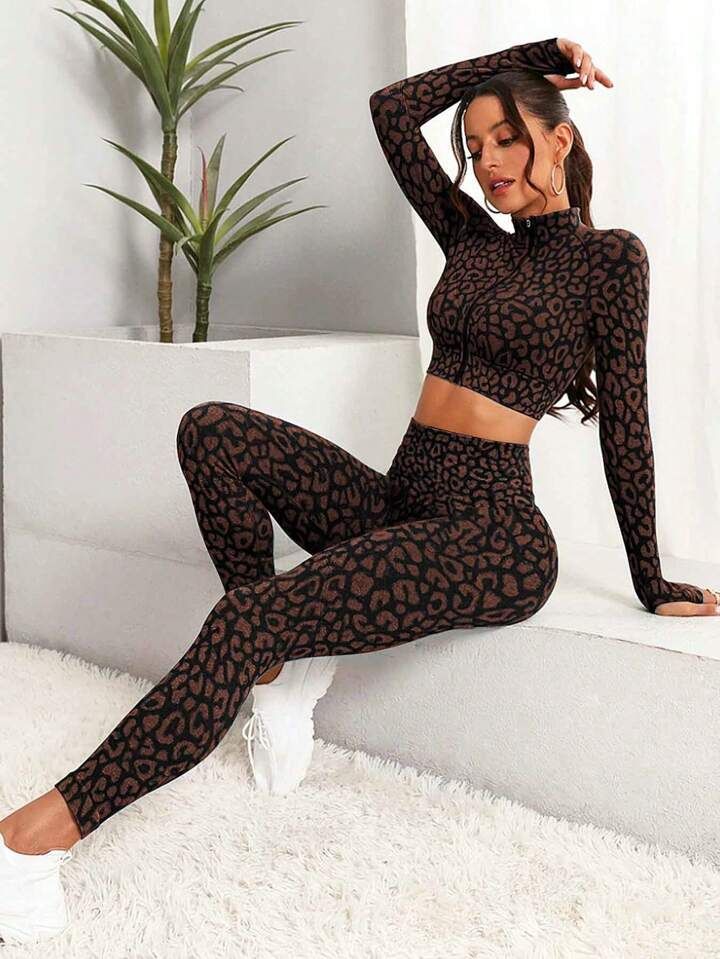 SHEIN Yoga Trendy Leopard Print Thumbholes Zip Up Sports Set | SHEIN