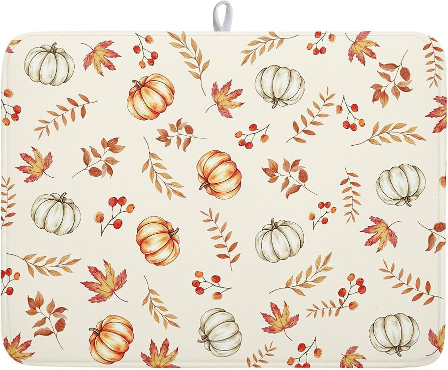 Fall Orange Pumpkin Dish Drying Mats 24x18 Inch, Cream Maple Leaves Drying Mat with Absorbent Rev... | Amazon (US)
