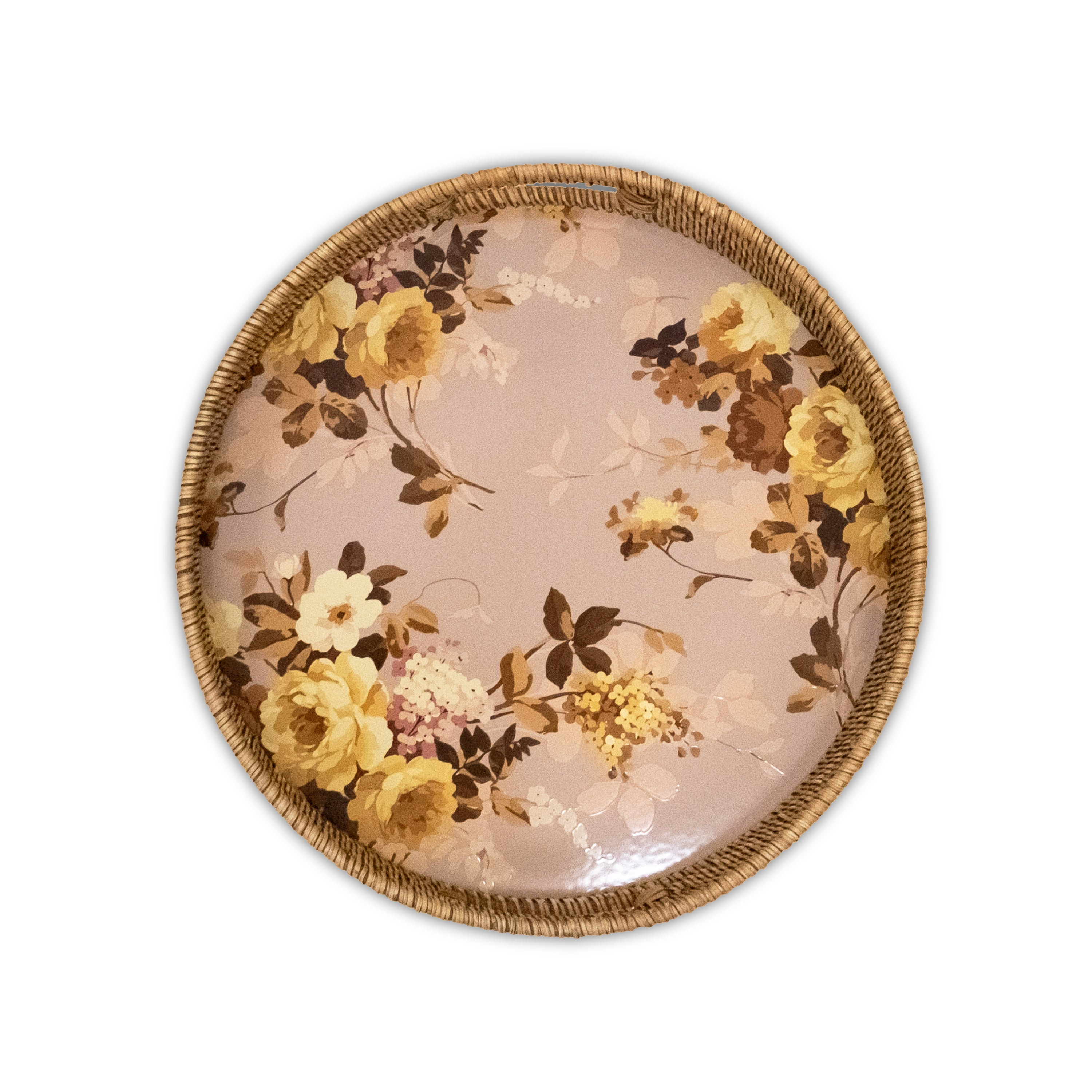 MacKenzie-Childs Wild Rose Mauve Enamel & Rattan Round Tray | MacKenzie-Childs