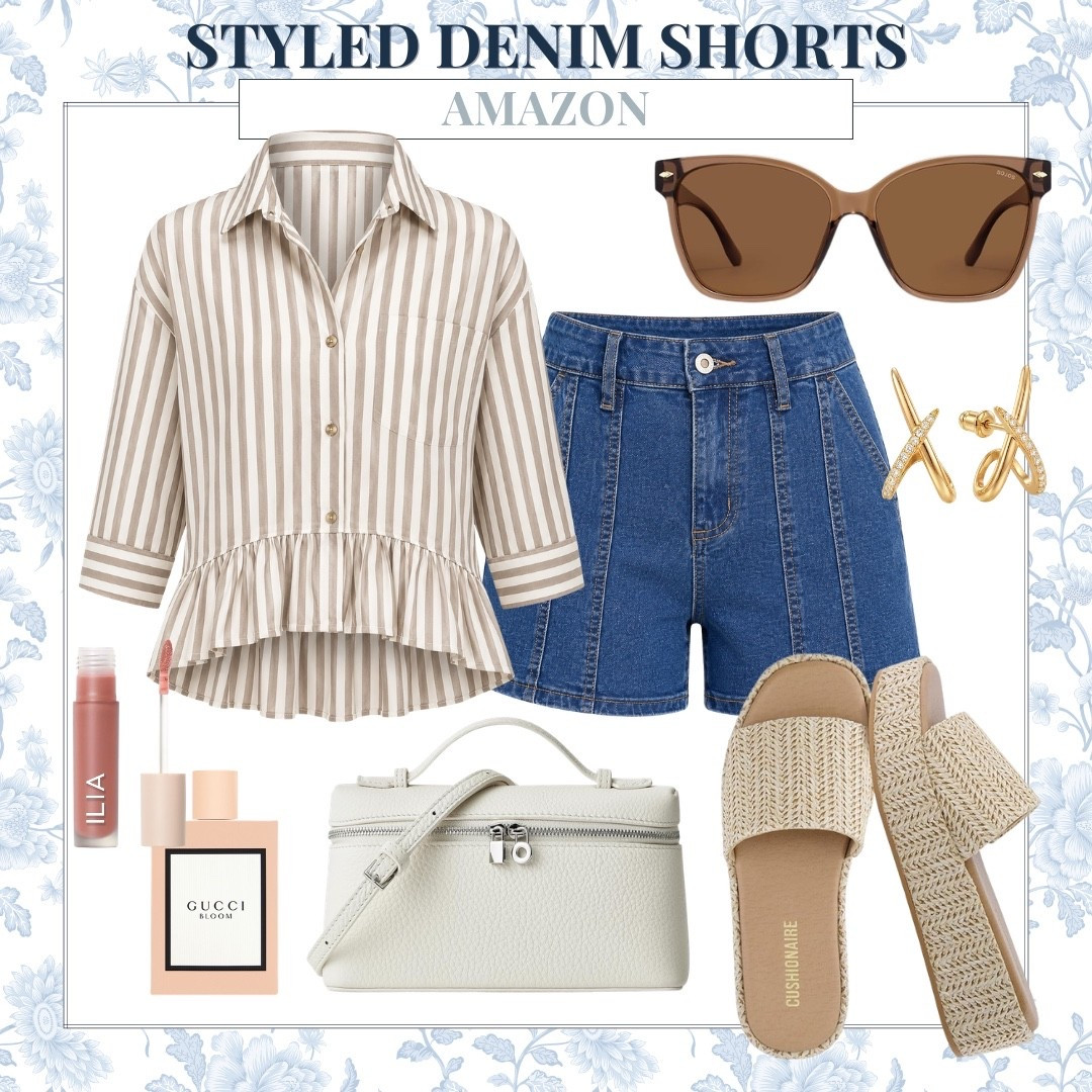 The denim shorts I’ve been wearing on repeat this season. The high rise fit is flattering, comfortable, and easy to dress up with a striped blouse and woven accessories for a polished everyday look. This is the kind of outfit that works for casual office days, lunch meetings, weekend plans, and travel.

Sizing:
• Top: Small
• Shorts: Size 6
• Slides: Size 7.5, true to size

Amazon fashion, denim shorts, summer outfit, casual chic, elevated everyday style, workwear outfit, peplum blouse, woven sandals, neutral accessories, capsule wardrobe, AudrieDollins

#LTKSeasonal #LTKOver40 #LTKootd