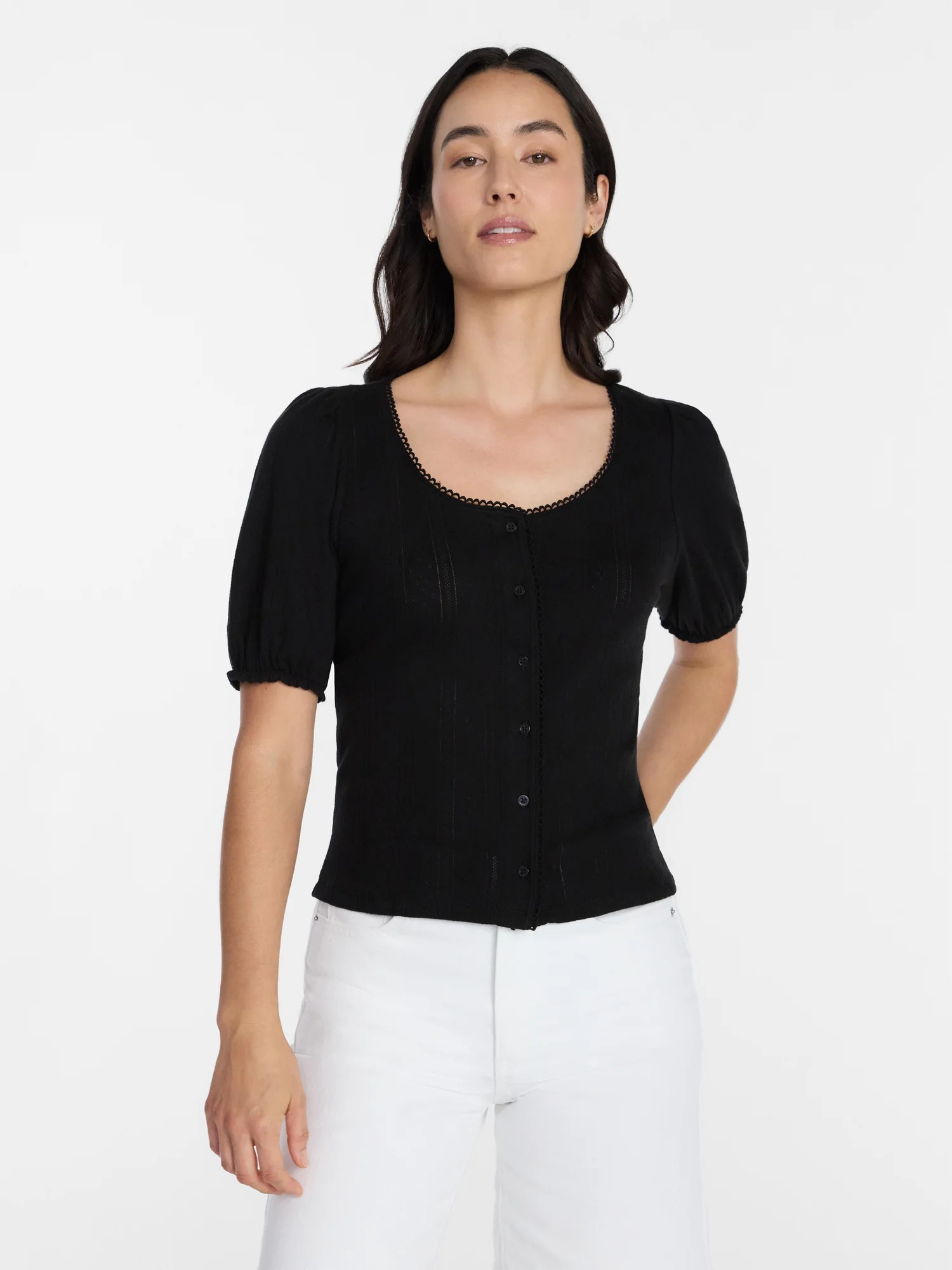 Time and Tru Women's Pointelle Top with Short Sleeves, Sizes XS-XXXL | Walmart (US)