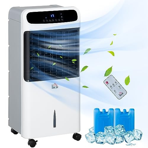 HOMCOM 32" Evaporative Air Cooler with 3.2 Gal Water Tank, 3-in-1 Ice Cooling Fan, Portable Swamp Cooler with 60° Oscillation, Humidifier, Remote for Home Office, 3 Modes, 3 Speeds, 12H Timer, White | Amazon (US)