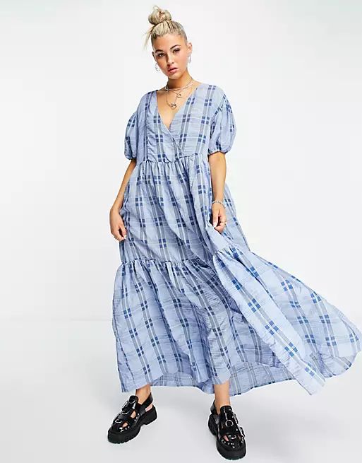 Object check maxi smock dress in blue | ASOS (Global)