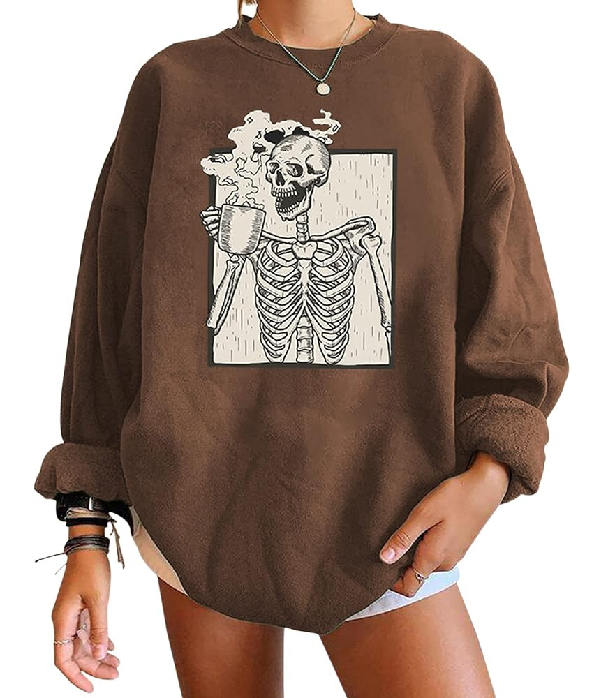Meladyan Halloween Skull Graphic Print Fleece Oversized Sweatshirt Crewneck Long Sleeve Drop Shou... | Amazon (US)