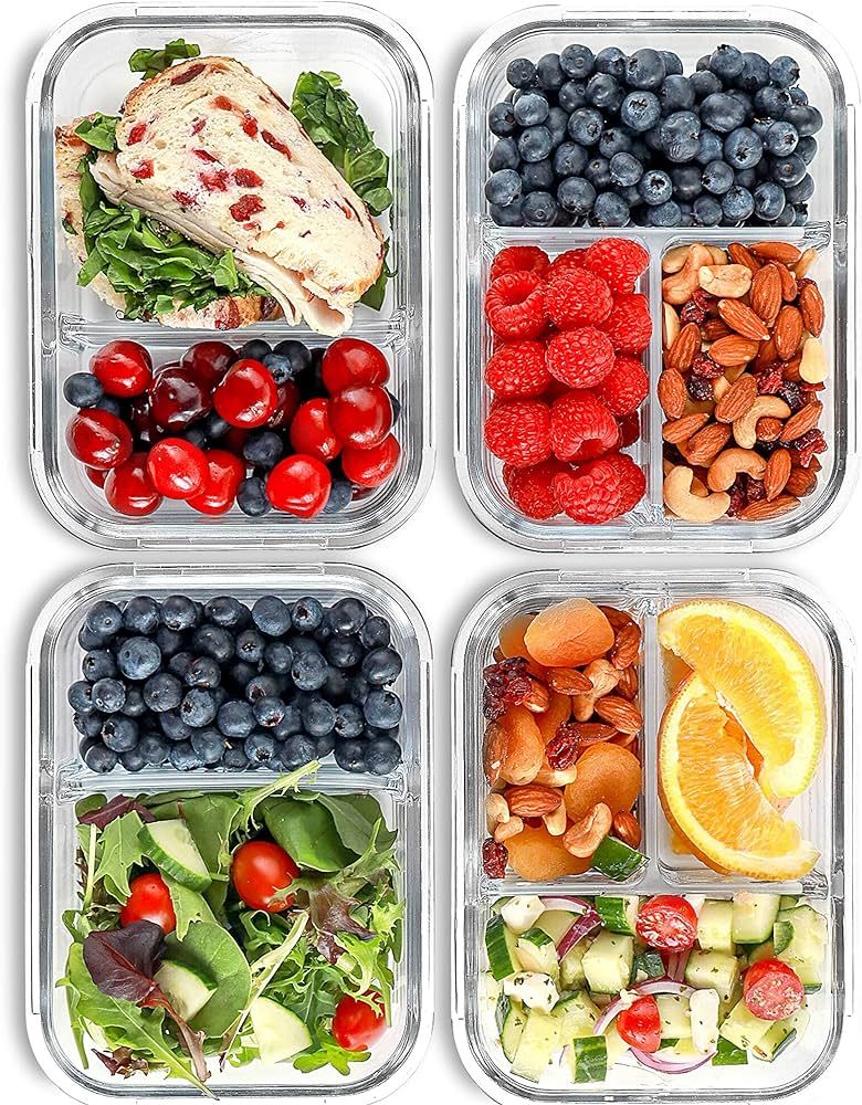 FIT Strong & Healthy 2 & 3 Compartment Glass Meal Prep Containers (4 Pack, 32 oz) - Glass Food St... | Amazon (US)
