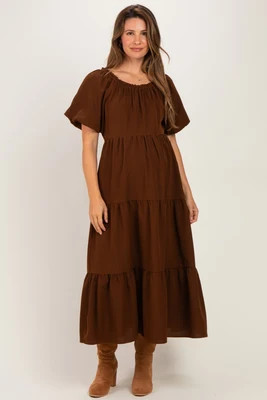 Brown Puff Short Sleeve Tiered Maternity Midi Dress | PinkBlush Maternity