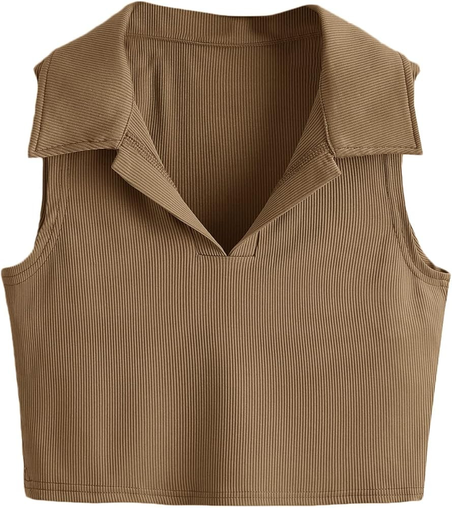 SheIn Women's Collar Polo Crop Top Tank Sleeveless Ribbed Knit V Neck Cami Top | Amazon (US)