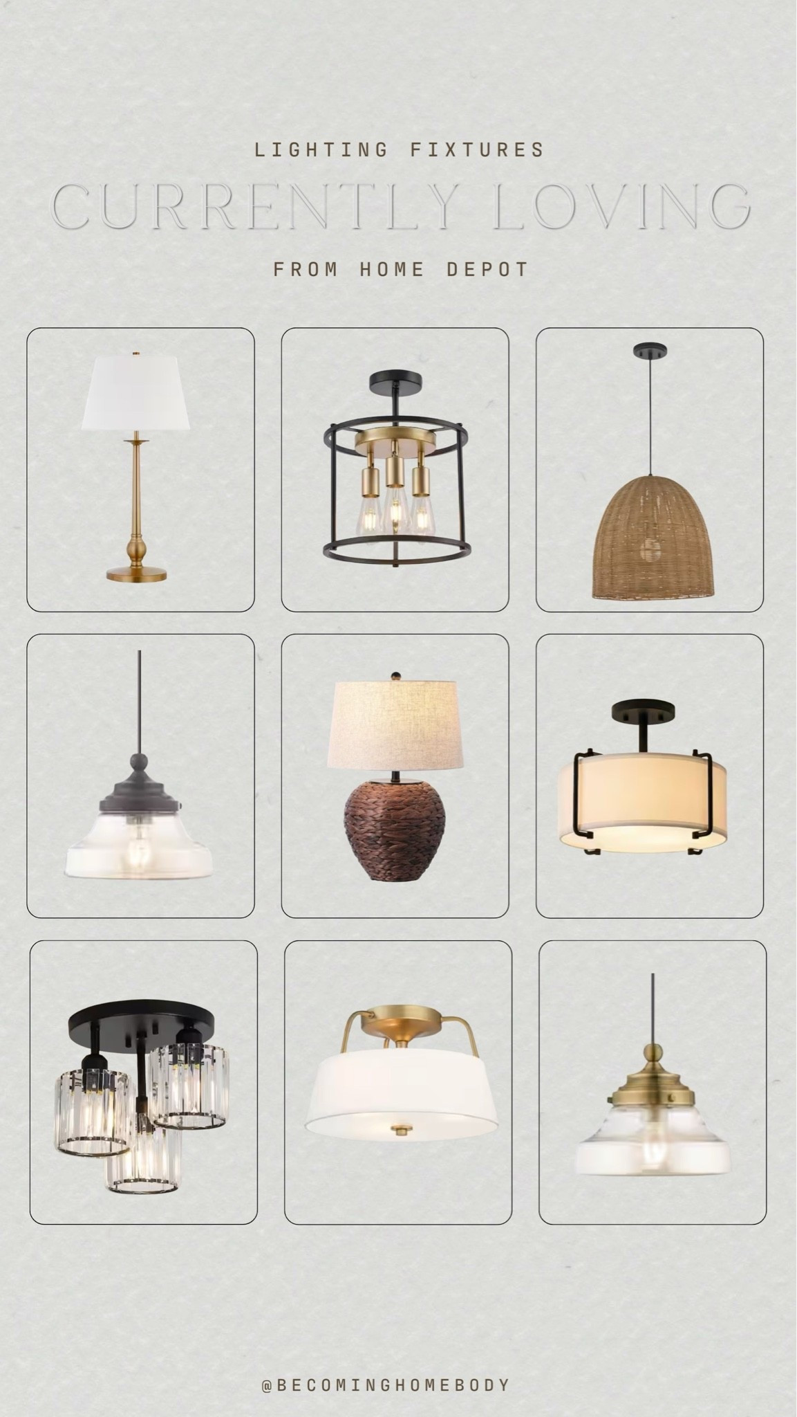 Modern and neutral lighting fixtures from Home Depot 😍 How pretty are these pendant lights, table lamps, and ceiling light fixtures all from Home Depot! Perfect for a neutral home. 🙌🏻