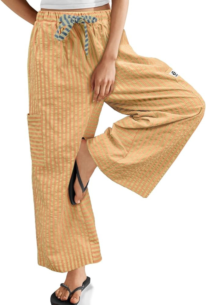 TARSE Women\u2019s Striped Wide Leg Pants Drawstring Casual Boho Palazzo Pants Loose Lounge Beach... | Amazon (US)