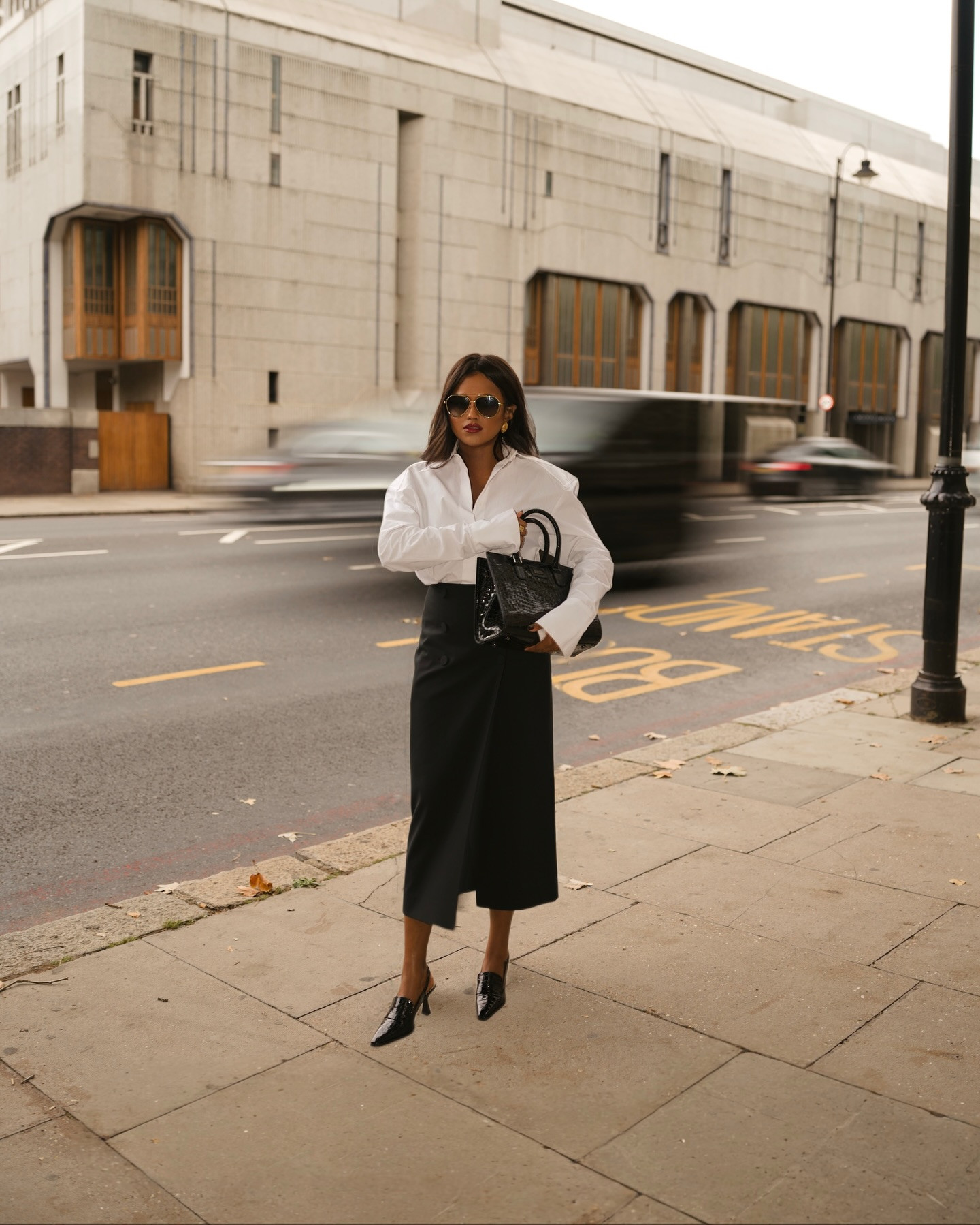 Russell and Bromley , Russell & Bromley Cabin Mini, Russell & Bromley Totter, 'Agence Febe Tuxedo Skirt in Black | L'AGENCE, Oversized shirt in white , Linda Farrow Bayer Sunglasses in 22K Yellow Gold, GRWM Outfit ,UK Fashion ,UK Women ,London lifestyle ,Autumn style ,Autumn look ,Fall style ,Fall look ,Autumn outfit ,Autumn outfits, Evening Outfit, Date night outfit, Date night, Street style, Workwear Outfit, Fall Office wear outfit 

 #LTKuk #LTKautumn #LTKworkwear