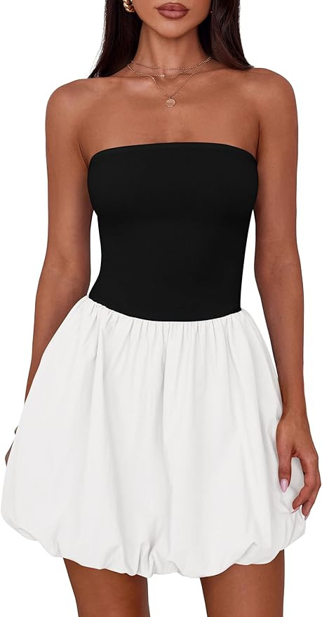 MASCOMODA Womens Strapless Bubble Mini Dress Summer Tube Top Sundress Casual Off Shoulder A Line ... | Amazon (US)
