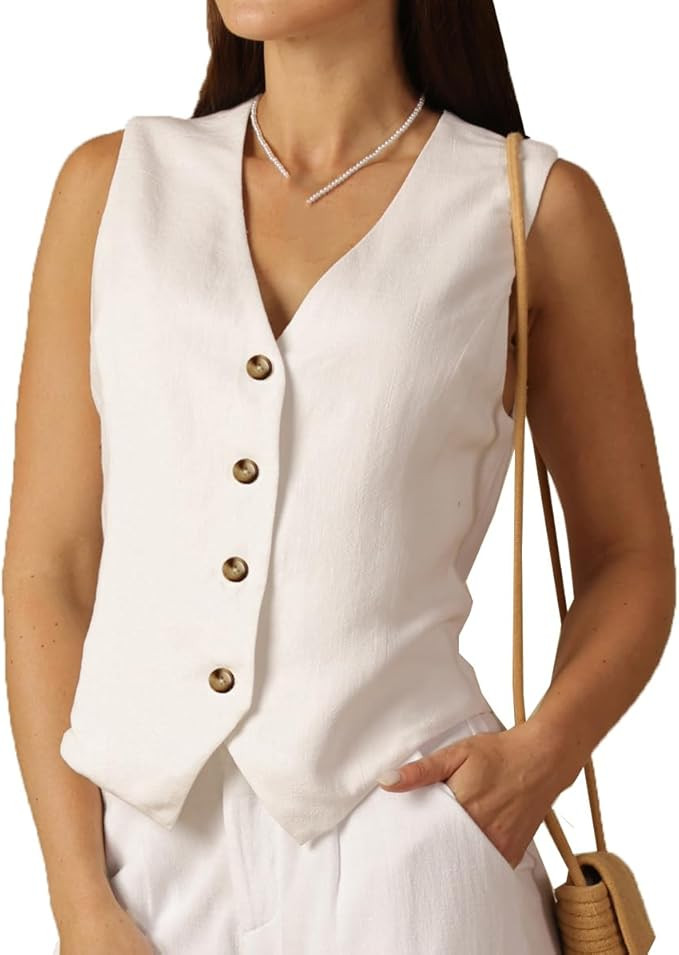Women's Linen Vest V Neck Button Down Business Work Vacation Sleeveless Blazer Waistcoat Jacket | Amazon (US)