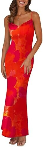 PRETTYGARDEN Women's 2026 Summer Floral Spaghetti Strap Maxi Dress Stretch Sexy Bodycon Dress Bac... | Amazon (US)