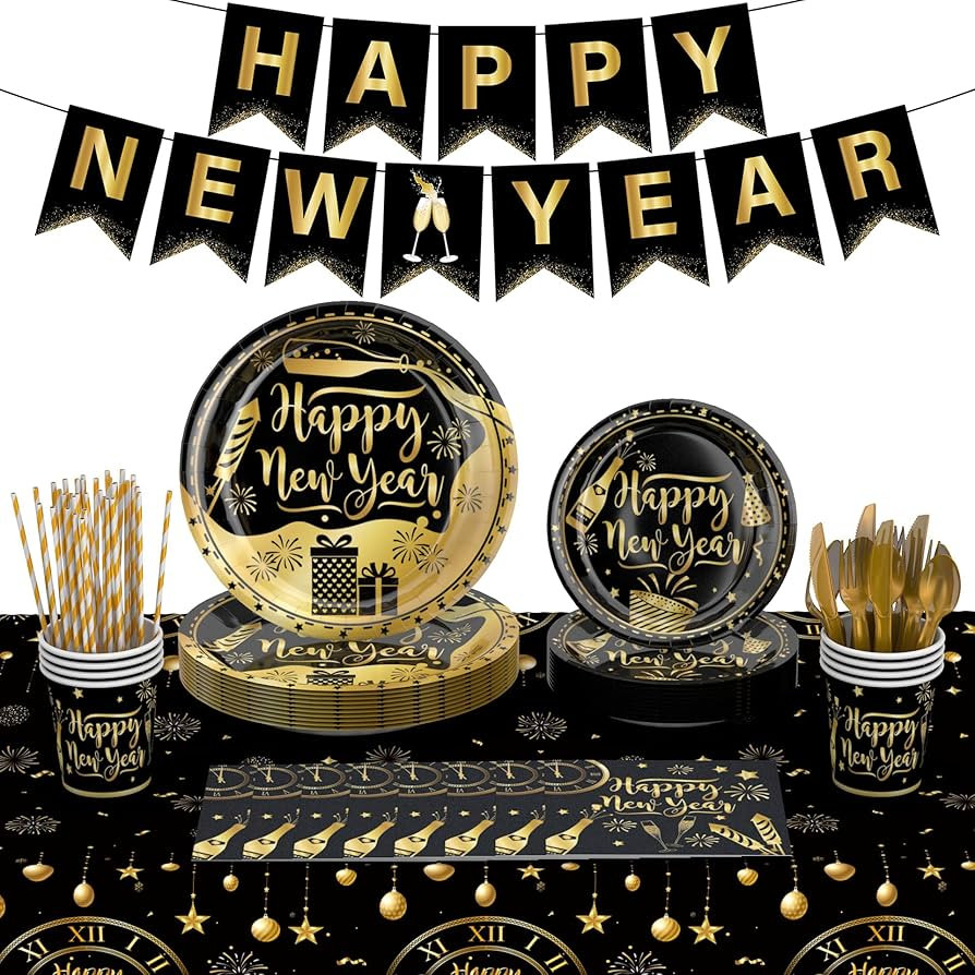 Happy New Years Eve Party Supplies Kit – New Year Eve Decorations Banner Plates and Napkins Cup... | Amazon (US)