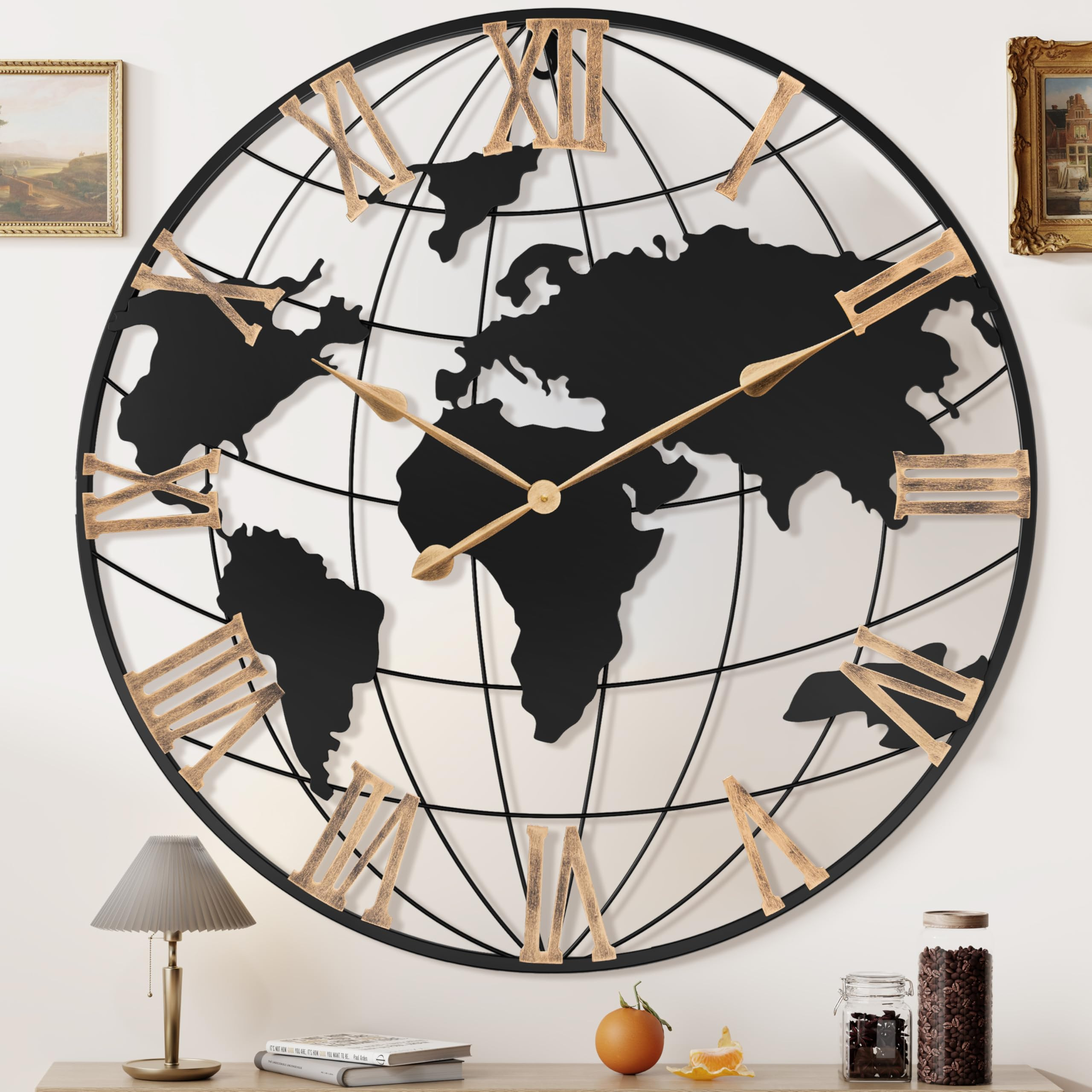 36 Inch Extra Giant Oversized Black Metal Wall Clock,Large Modern Decorative Silent World Map Wal... | Amazon (US)