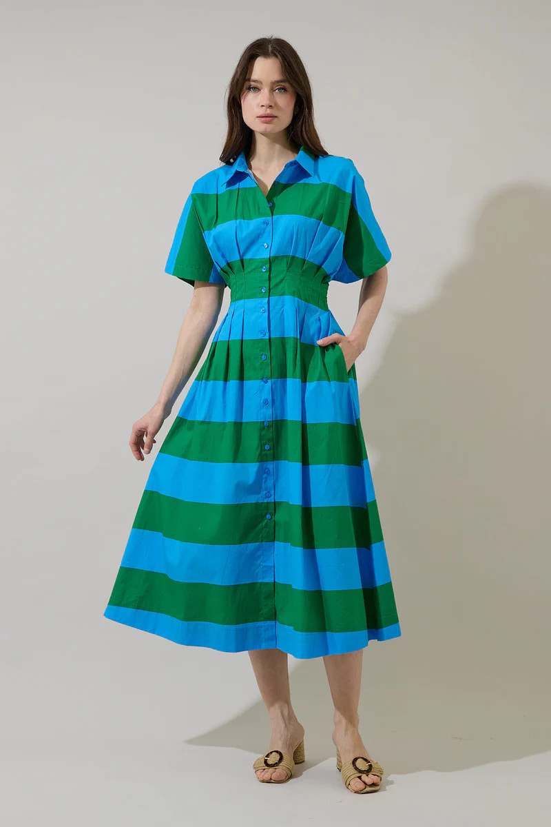 Wilderra Pleated Midi Dress Valdy Stripe | Sugarlips