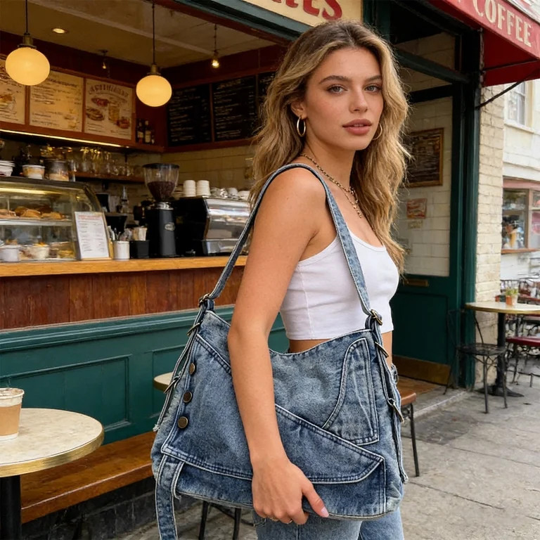 Denim Handbag for Women Vintage Washed Jean Purse 2 in 1 Convertible Crossbody Shoulder Tote Bag ... | Walmart (US)