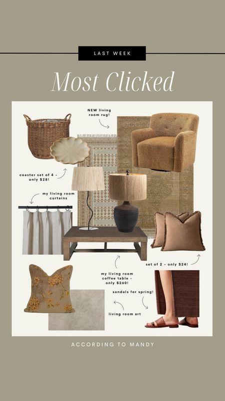 Most Clicked from last week // your favorites!

boucle chair, amazon home, amazon home finds, amazon favorites, amazon deals, coffee table, affordable coffee table, curtains, pinch pleat curtains, pillow cover, basket, scalloped coasters, coasters, area rug, sandals, living room inspo, earthy home decor, lamp, unique lamps 

#LTKhome