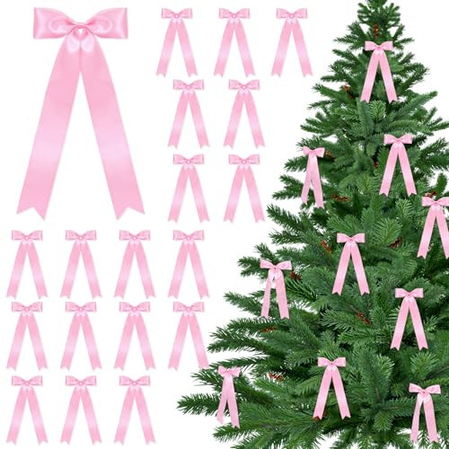 24 Pcs Pink Satin Ribbon Bows, Christmas Tree Bows Wreath Bows Rustic Large Tree Topper Bow for Door Windows Xmas Home Wedding Decorations Indoor Outdoor | Amazon (US)