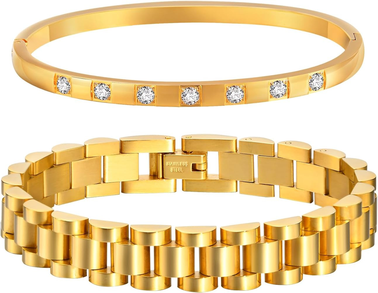 MPRAINBOW 2pcs Gold Chain Link Bracelet - Stainless Steel Love Crystal Friendship Bracelet Bangle... | Amazon (US)