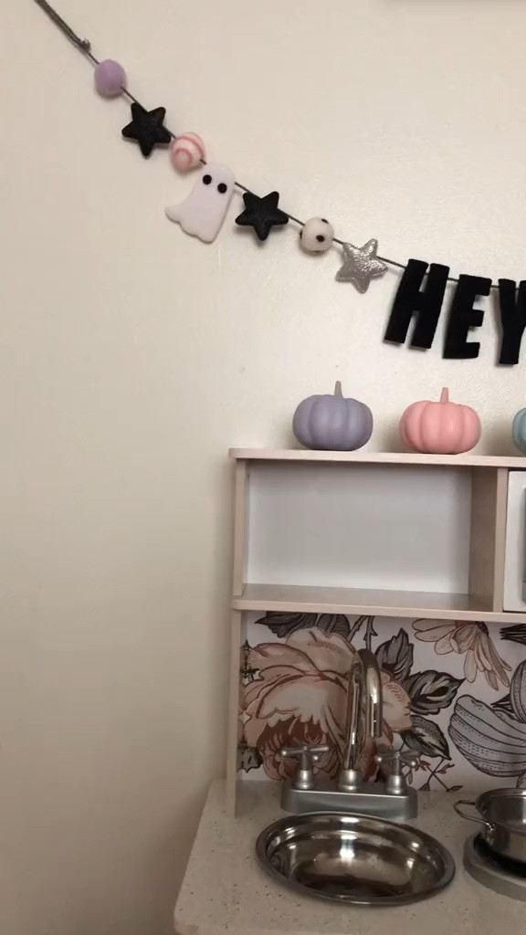 Halloween and fall decor for kids room, kids playroom! Kitchen set with floral wallpaper as backsplash. Pastel pumpkins 🤍 hey boo banner!

#LTKkids #LTKhome #LTKSeasonal