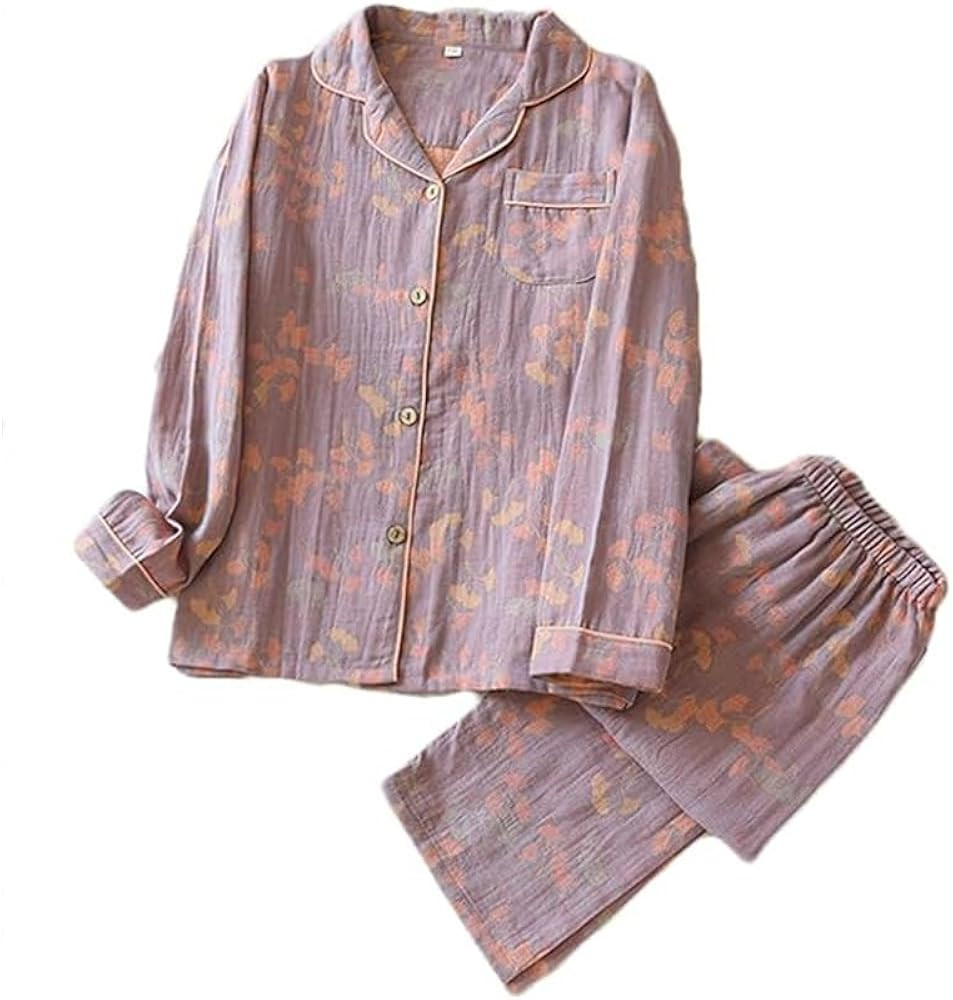 Vintage Leaf Cotton Lapel Loungewear Set,Colorful Floral Long Sleeve Trousers Cardigan,Women's Pa... | Amazon (US)