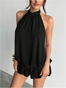 Floerns Women Backless Sleeveless Ruffle Bubble Hem Mesh Halter Mini Dress | Amazon (US)