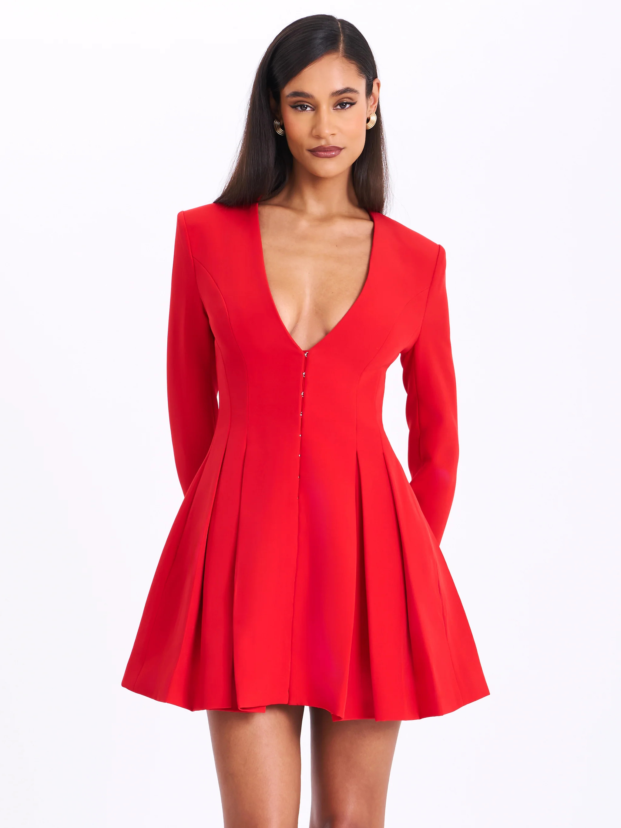 Ubah Red Blazer Pleated Button-up Long Sleeve Mini Dress | Miss Circle