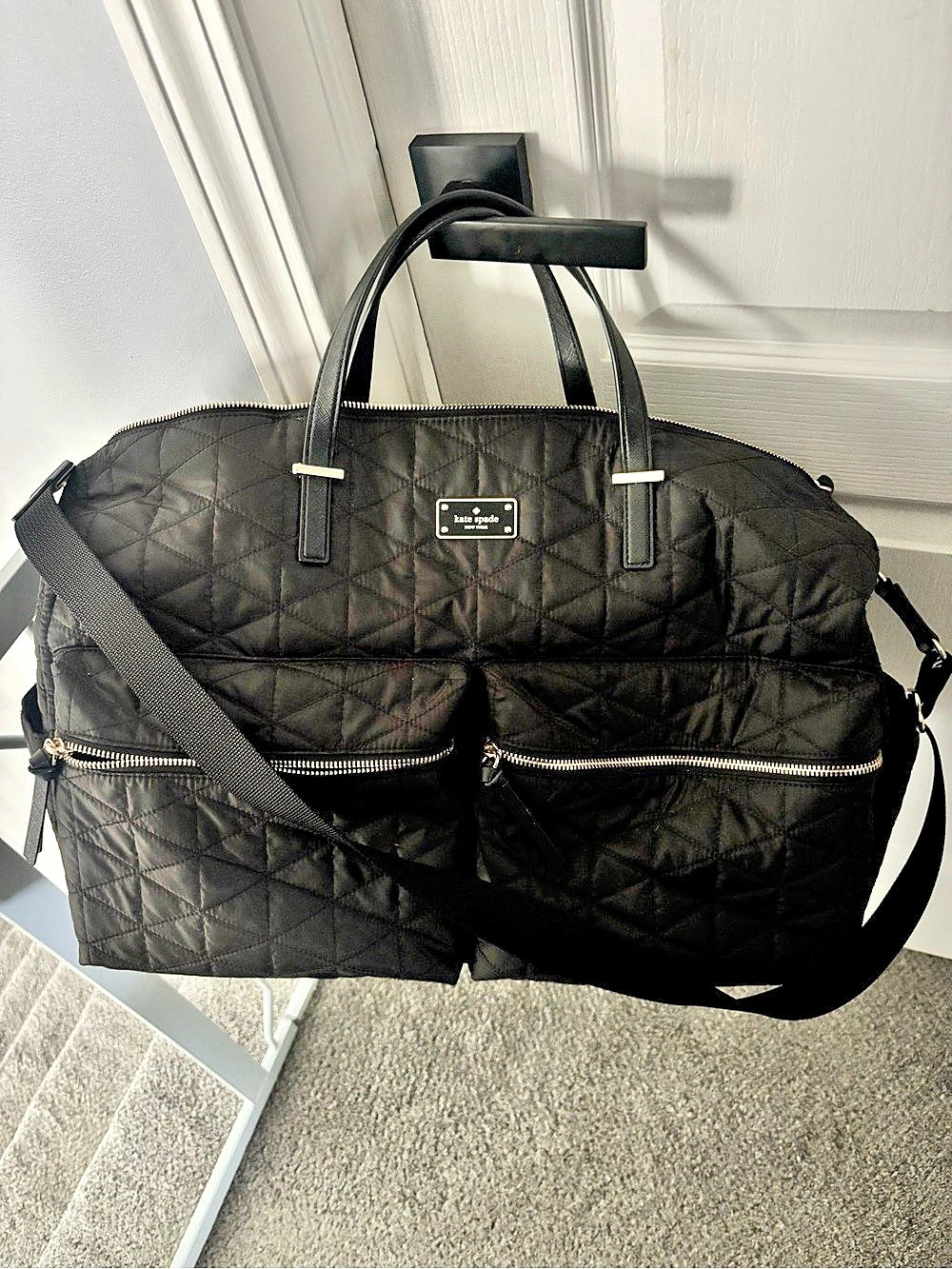 Kate Spade New York Chelsea Nylon Large Weekender, black quilted nylon underseat weekender
