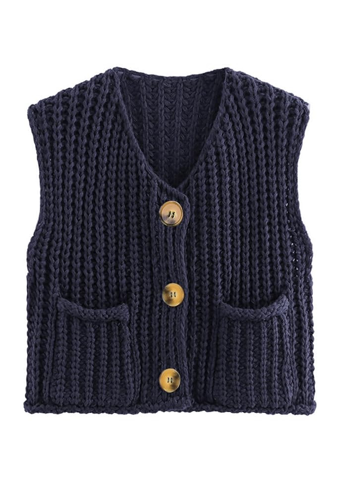 Naggoo Womens Crochet Chunky Knit Top Trendy Cardigan Sweater Vest Sleeveless Button Down Crop To... | Amazon (US)