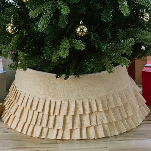 New Traditions Ivory Burlap Christmas Tree Collar with Tiered Ruffles – 26" Diameter Fabric Stand Band for Artificial & Natural Trees – Tree Skirt Alternative, Collapsible | Amazon (US)