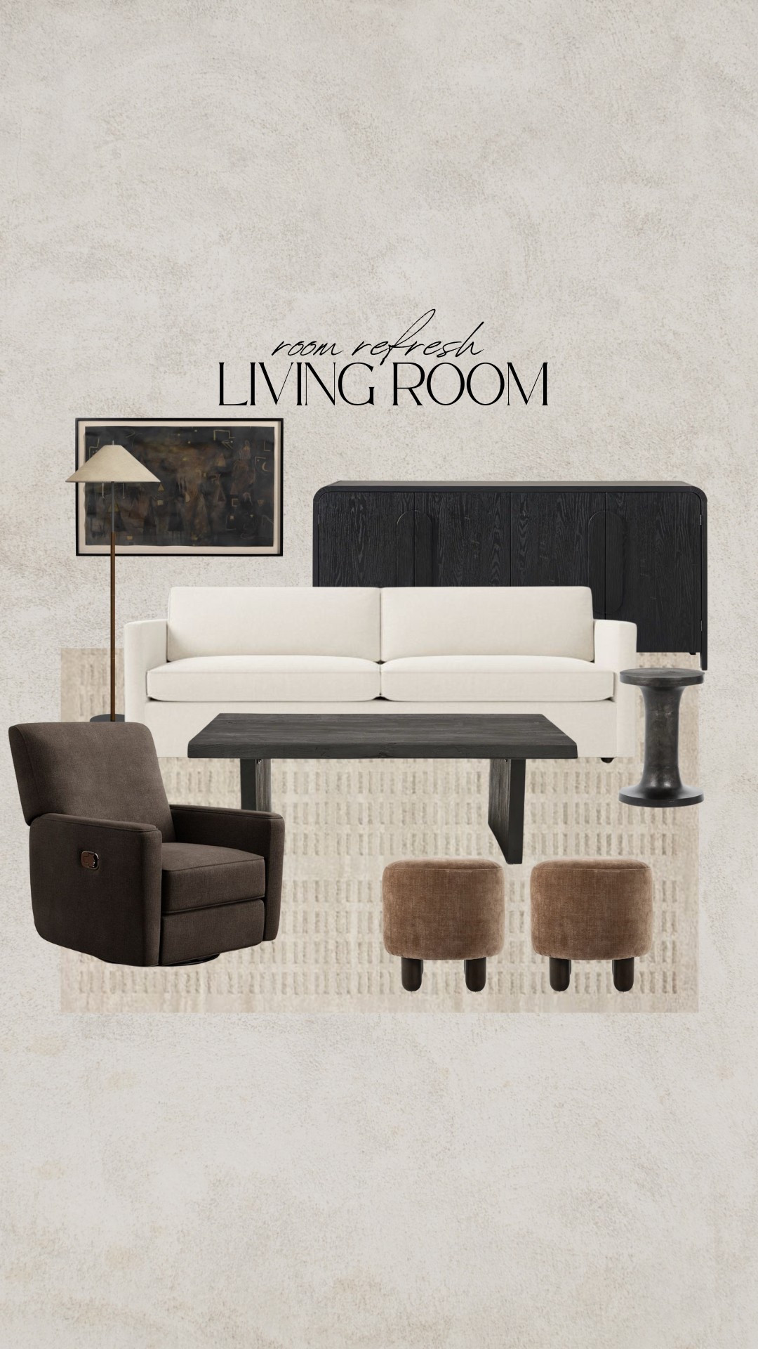 Living room refresh! Cloud couch dupe, recliner, ottomans, black metal side table, liketoknow.it, black rectangular coffee table, black sideboard, media console, modern wall art, abstract wall art, japandi floor lamp, masculine living room, moody living room

#LTKSeasonal #LTKSaleAlert #LTKHome