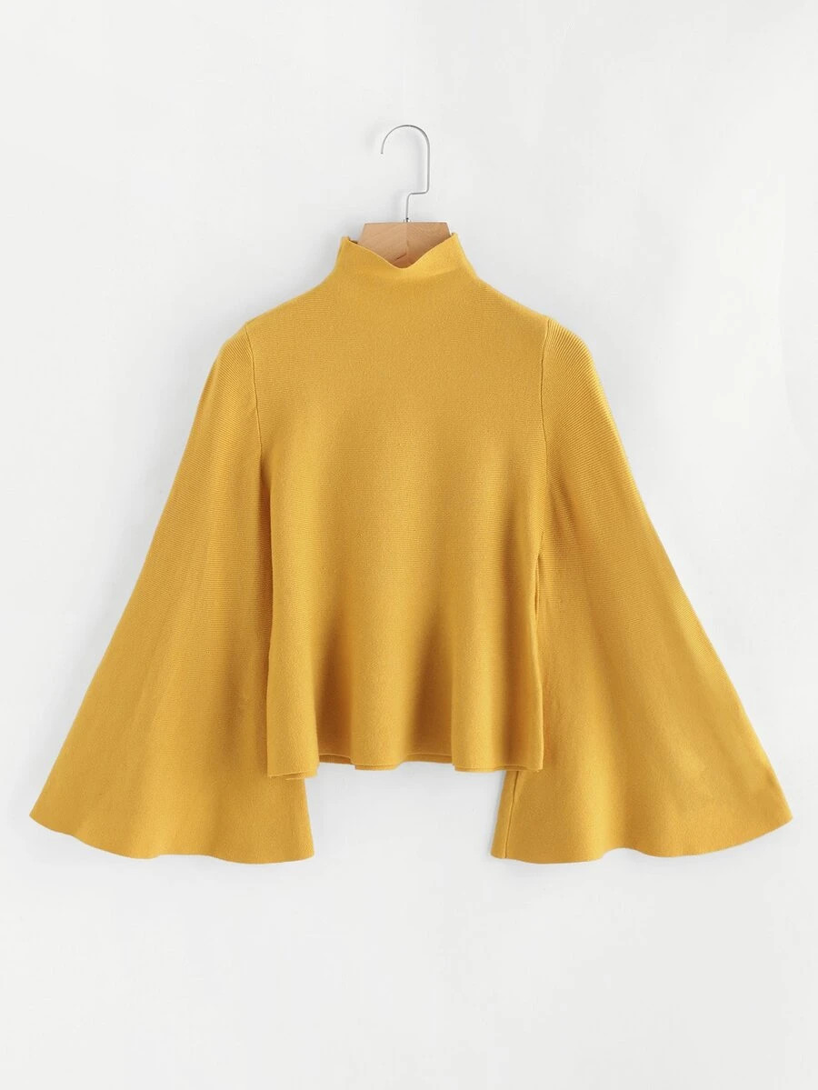 Stand Neck Bell Sleeve Solid Jumper | SHEIN