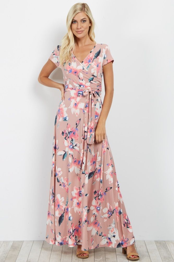 Mauve Floral Short Sleeve Wrap Dress | PinkBlush Maternity