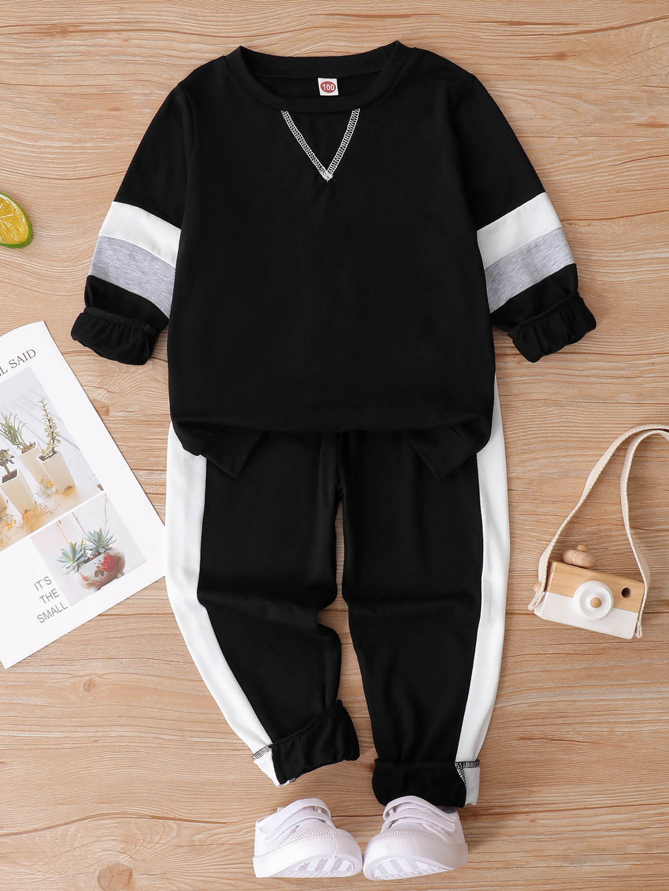 SHEIN Kids SPRTY Toddler Boys Colorblock Sweatshirt With Contrast Sideseam Sweatpants | SHEIN