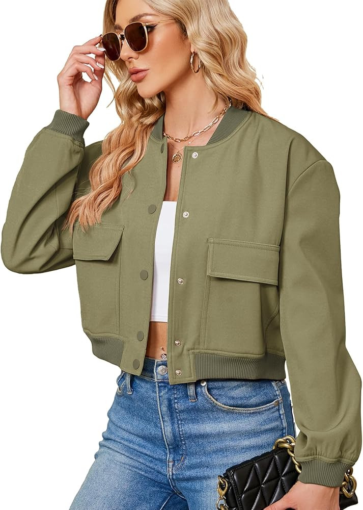 Zando Bomber Jacket Women 2026 - Short Cropped Jacket Women Button Down Long Sleeve Casual Varsit... | Amazon (US)