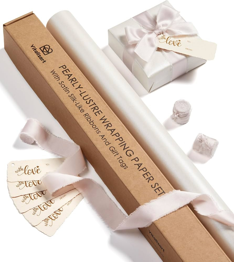 Vitalizart White Wrapping Paper Set 30" Pearly-Lustre With Silk Like Satin Ribbon & Gift Tags Rec... | Amazon (US)