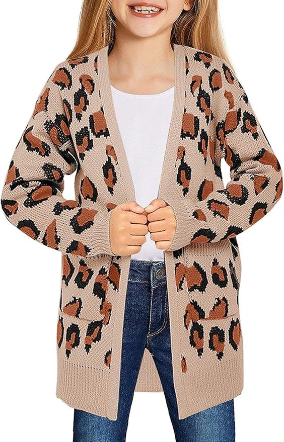 Geckatte Girls Cardigan Leopard Print Casual Long Sleeve Loose Drop Shoulder Knit Open Front Swea... | Amazon (US)