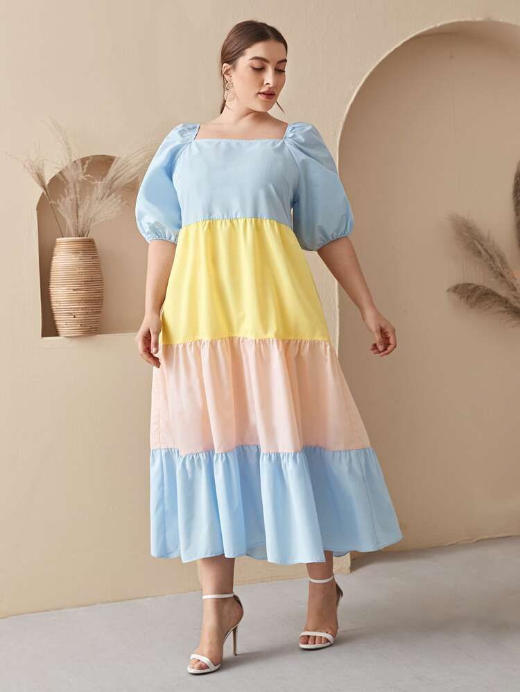 Plus Puff Sleeve Colorblock Dress | SHEIN