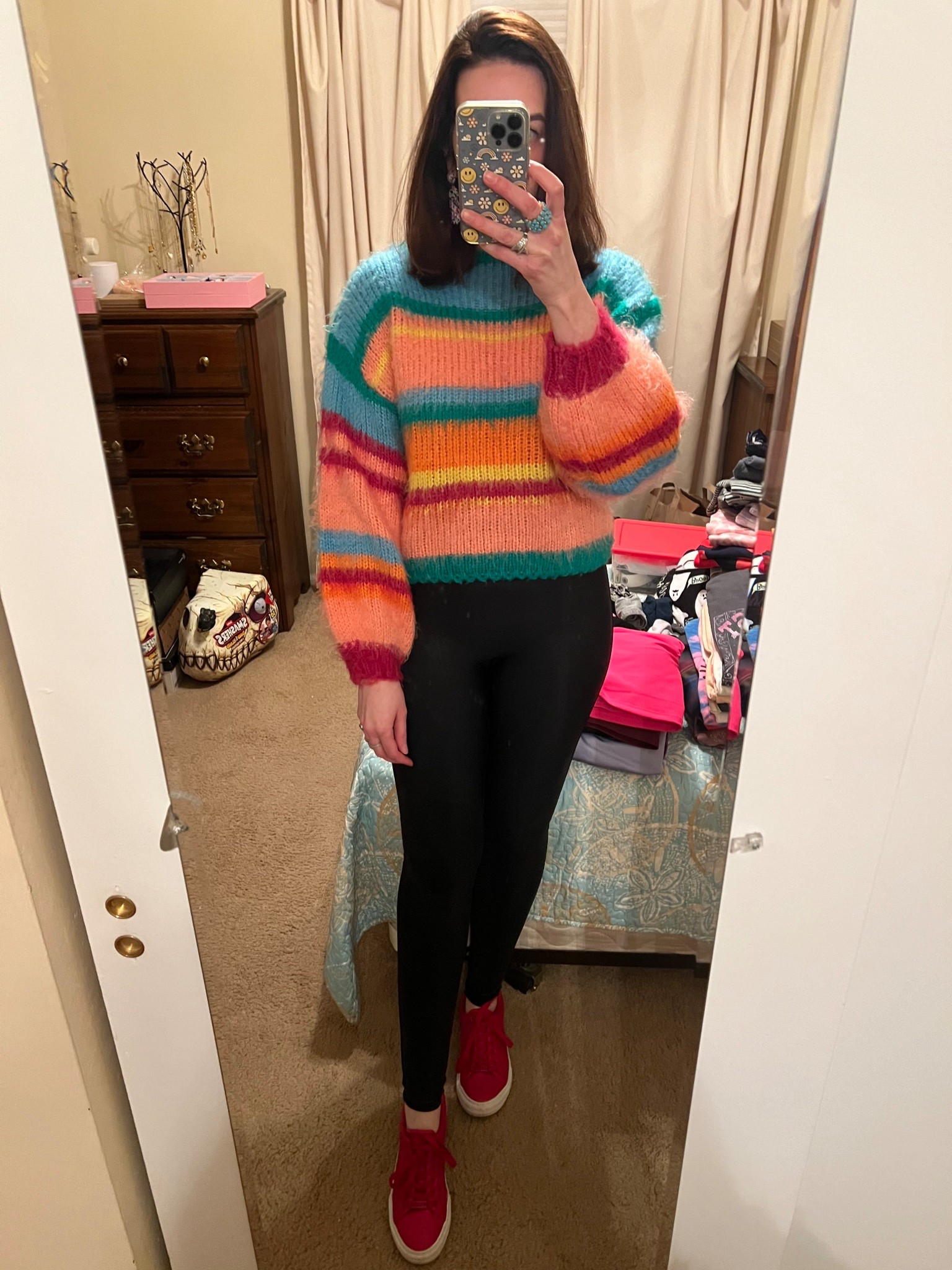 Striped multicolor sweater (s). Black faux leather leggings (s). Red sneakers (8.5). #sweater #stripedsweater #multicolorsweater #leggings #blackleggings #fauxleatherleggings #sneakers #redsneakers 