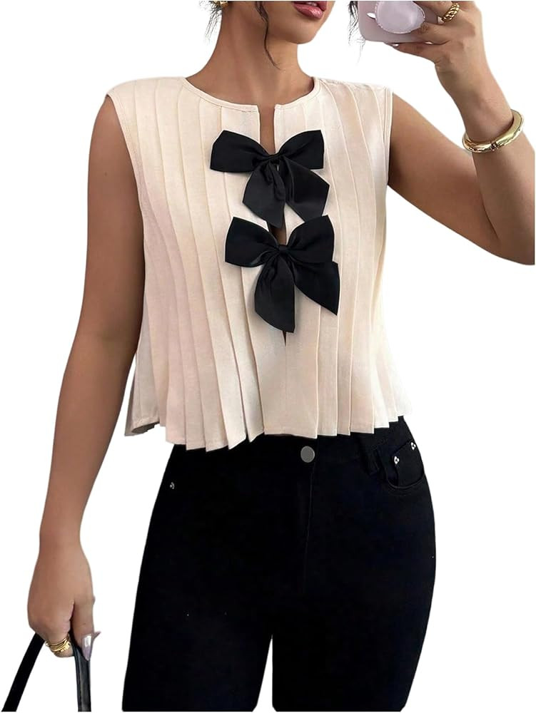 SHENHE Women's Summer Sleeveless Bow Blouse Pleated Dressy Casual Crop Blouse Top Shirt | Amazon (US)