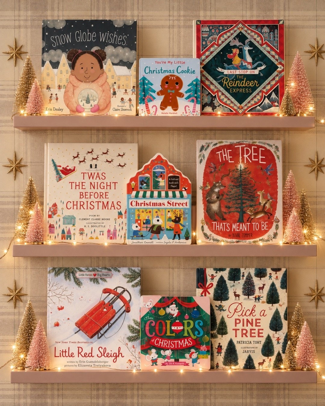 Create a little Christmas magic with festive books, blush and gold bottle brush trees, and twinkling fairy lights for the sweetest holiday bookshelf. 

Books, books for kids, Christmas, Christmas books for kids, kids books, December reading list, Christmas kids books, kids books for December, books, books, Christmas books, Christmas bookshelf, Amazon kids books, Amazon Christmas decor
