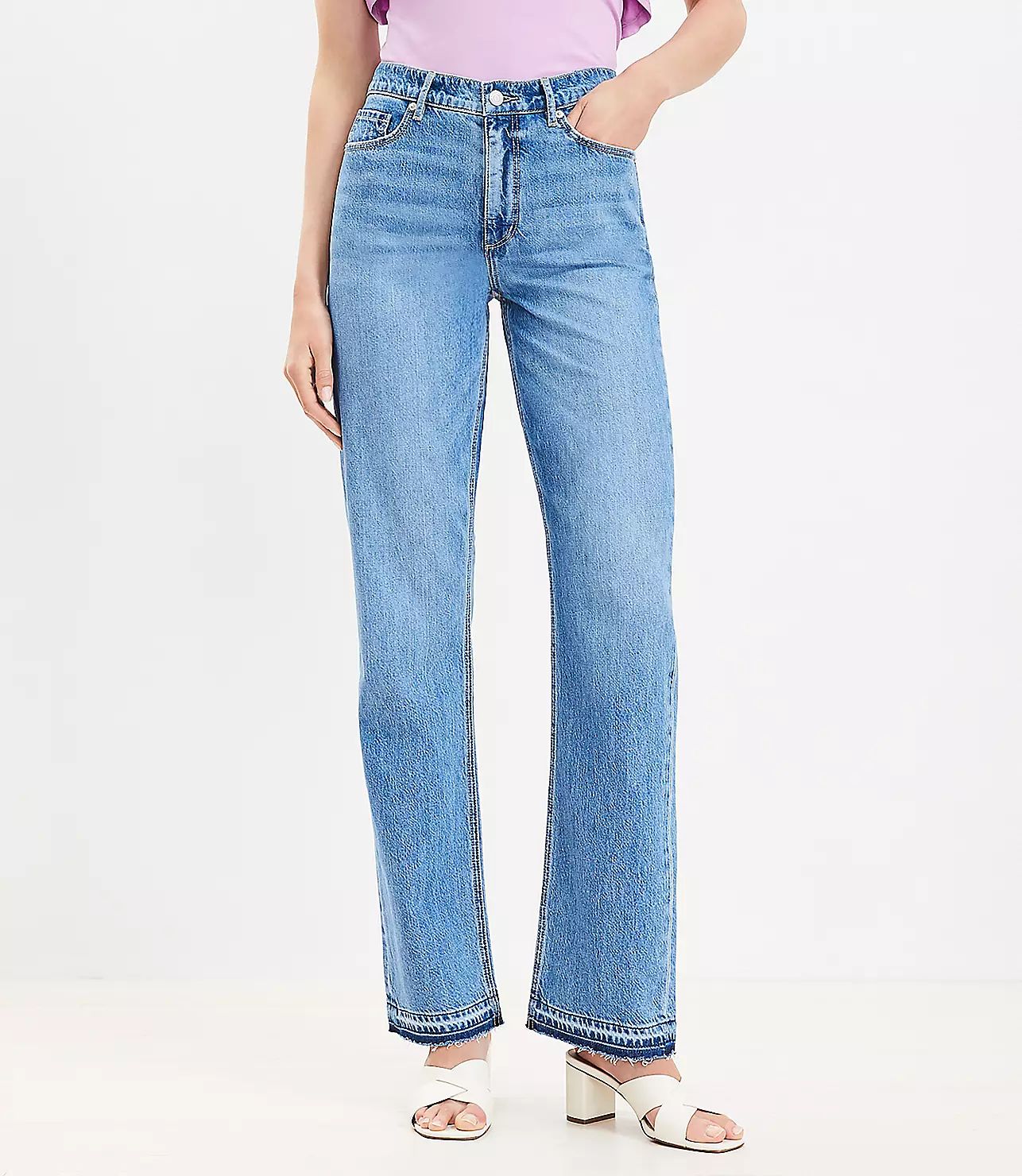 Let Down Hem High Rise Full Length Straight Jeans in Destructed Mid Stone Wash | LOFT