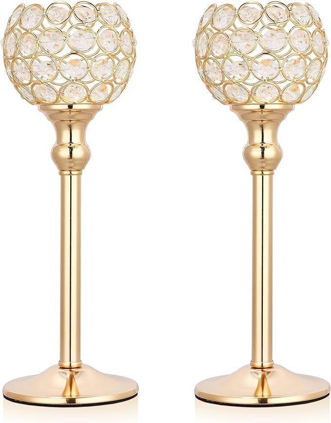Decorative Gold Crystal Pillar Candlestick Holders Set of 2 for Wedding Coffee Table Decorative C... | Amazon (US)