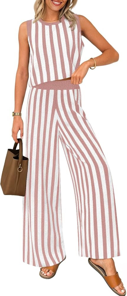 ZESICA Women's Summer Two Piece Outfits Crop Tank Tops and Wide Leg Pants Striped Lounge Travel S... | Amazon (US)